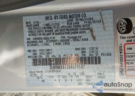 2006 Lincoln Zephyr from USA, damaged, VIN 3LNHM26126R619187